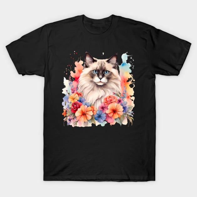 A ragdoll cat decorated with beautiful watercolor flowers T-Shirt by CreativeSparkzz